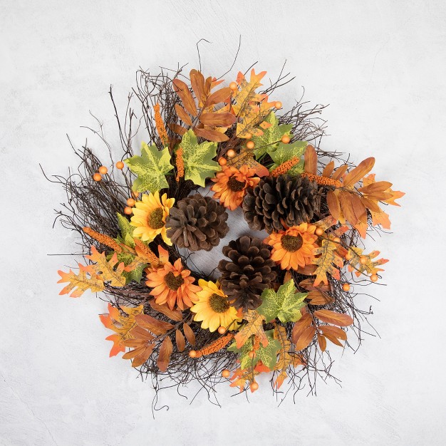 Northlight Sunflowers And Pine Cones Fall Artificial Thanksgiving Wreath 24 inch Unlit