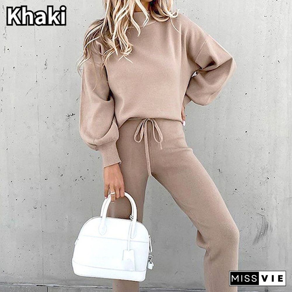 Women's Solid Color Turtleneck Sweatshirt With Drawstring Pants Casual Long Sleeve Pullover Sports Set Two Piece Outfit Plus Size Xxs-5Xl