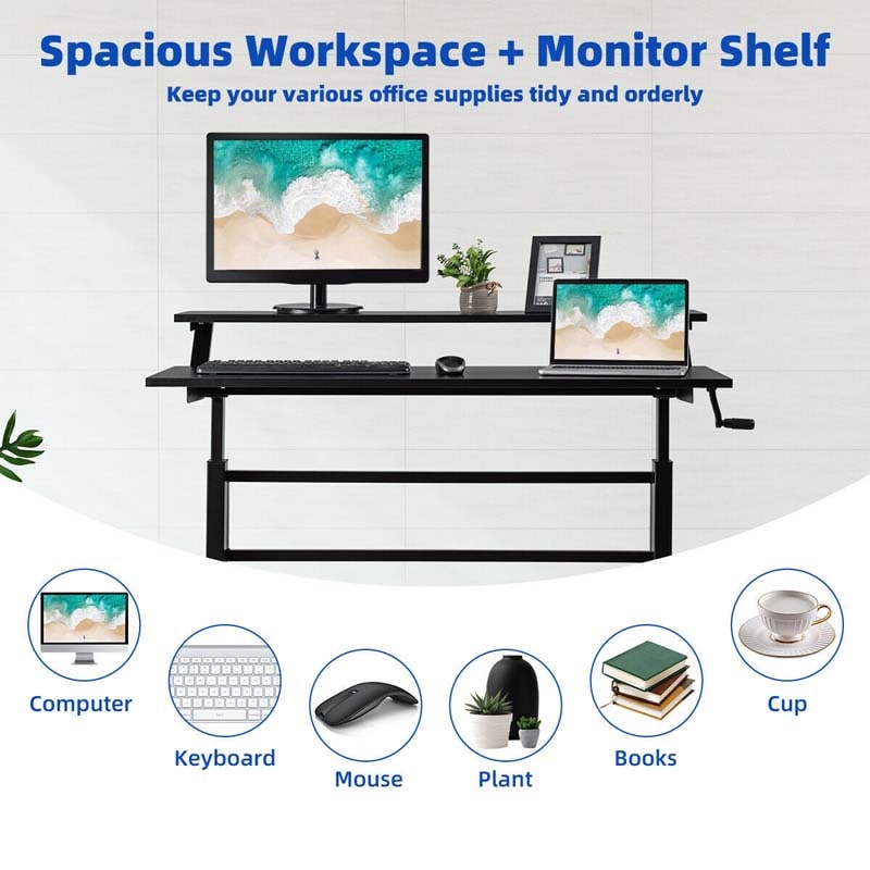 2-Tier Standing Desk, Height Adjustable Sit Stand Up Desk, Computer Desk Workstation with Monitor Stand & Foldable Crank Handle