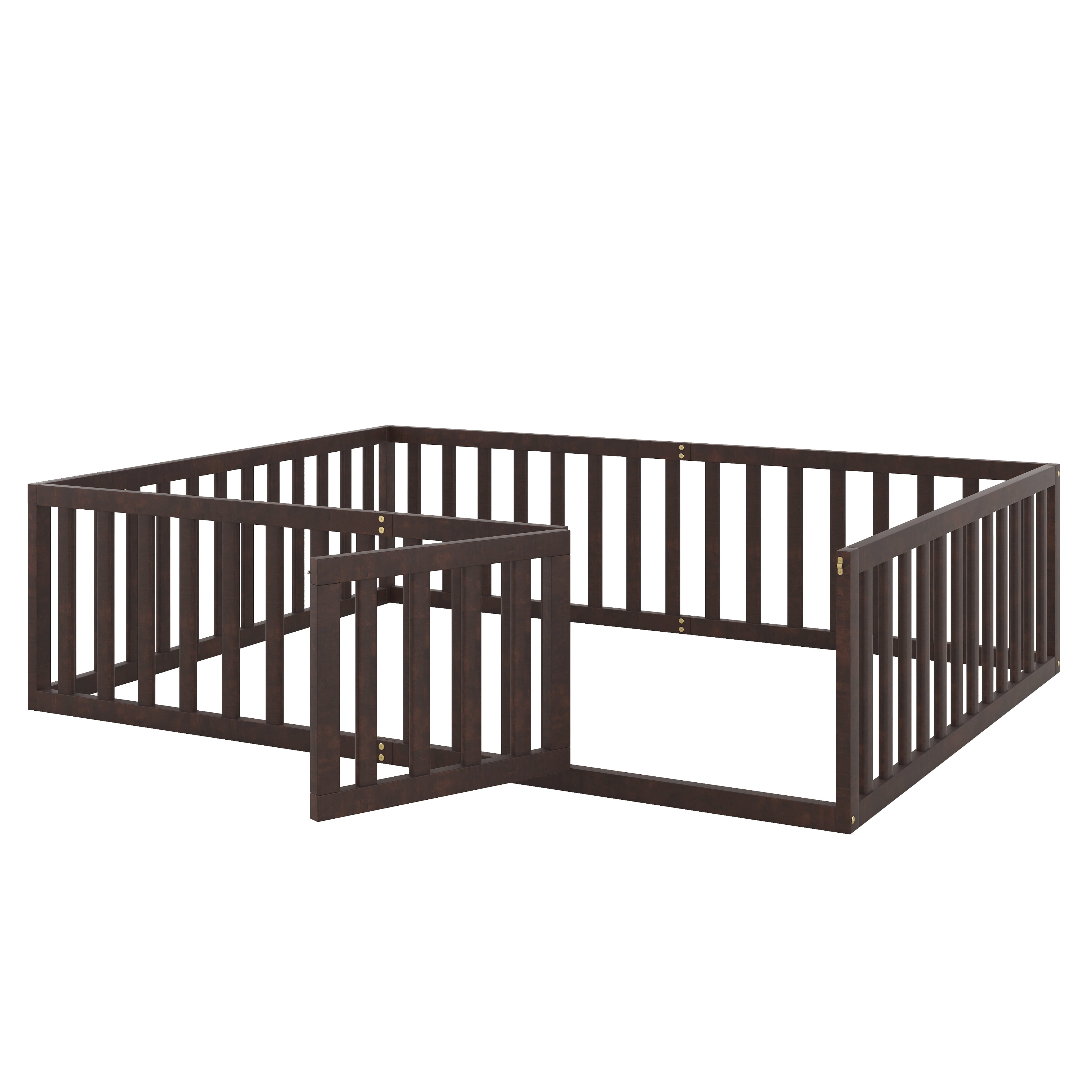 uhomepro Queen Floor Bed Frame for Toddlers, Floor Kids Bed with Fence and Door, Low Wood Beds for Girls Boys, Walnut