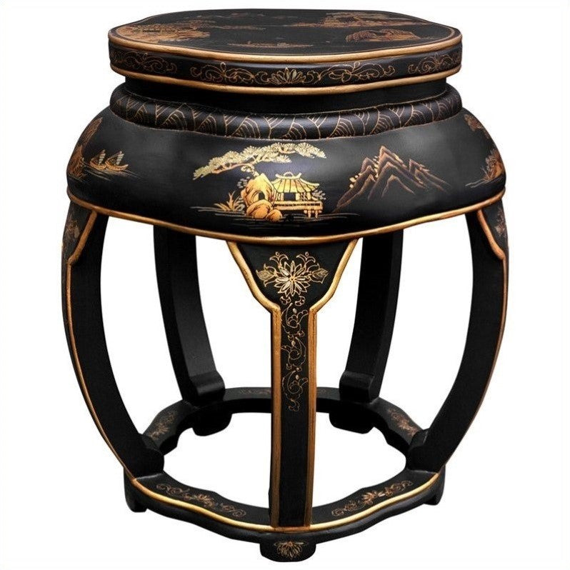 Oriental Furniture Lacquer Blossom Stool, Black, hand crafted, 16.00"W x 18.00"H