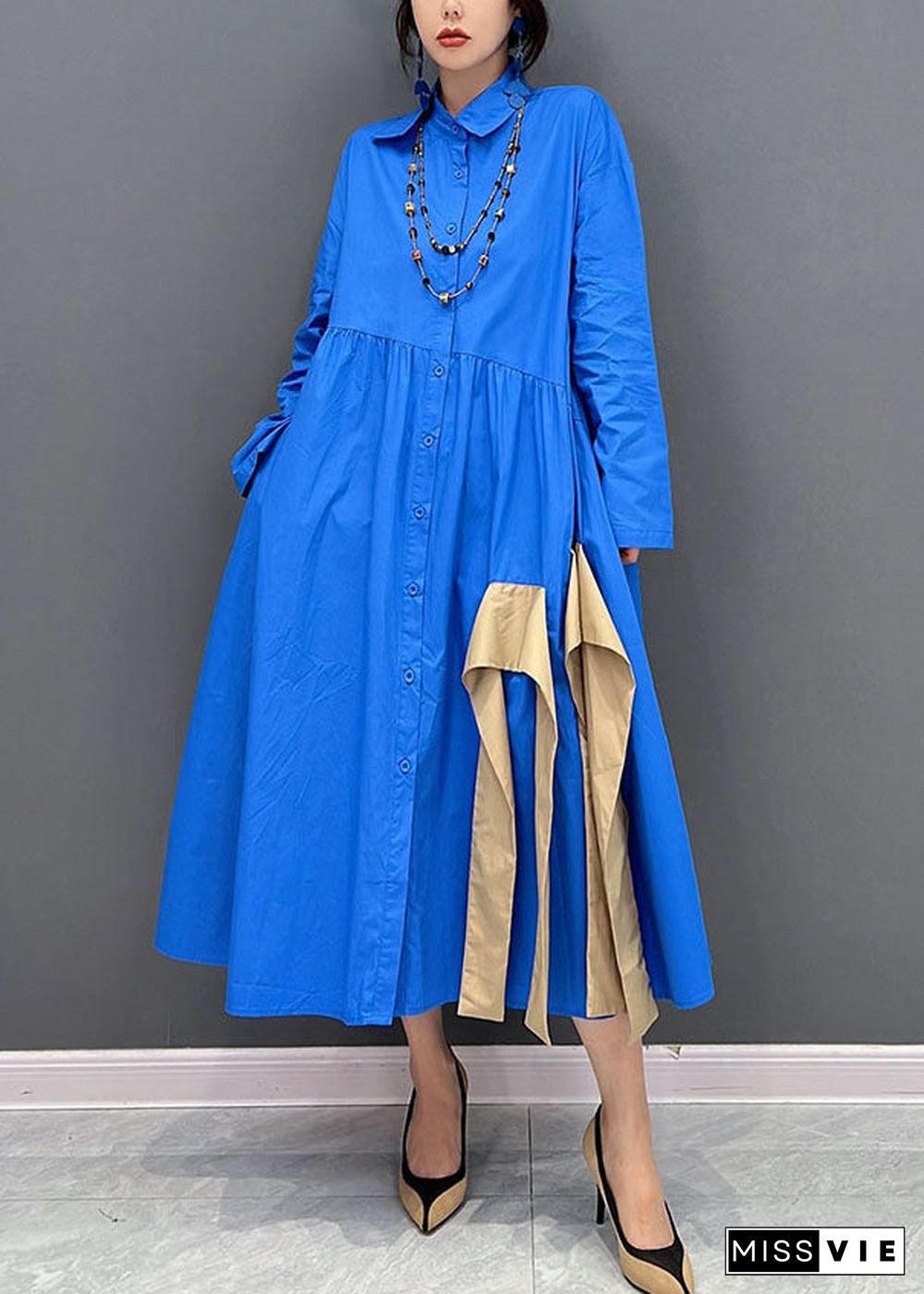 Art Blue Asymmetrical Design Patchwork Cotton Maxi Dresses Fall