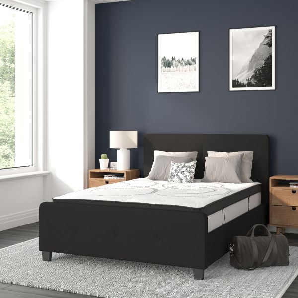 Tribeca Full Size Tufted Upholstered Platform Bed in Black Fabric with 10 Inch CertiPUR-US Certified Pocket Spring Mattress