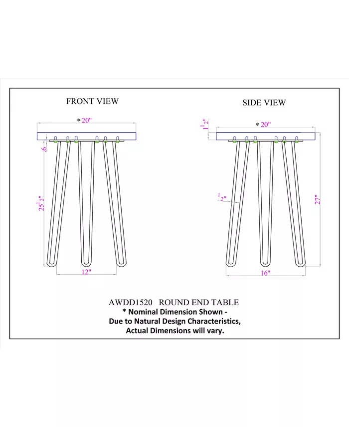 Alaterre Furniture Hairpin Natural Live Edge Wood with Metal 20 Round End Table