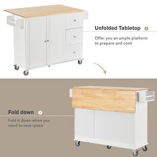 Tileon White Solid Wood Top 52.76 in. W Kitchen Island with Drop Leaf and Drawers Storage Cabinet with Locking Wheels WYHDRA074