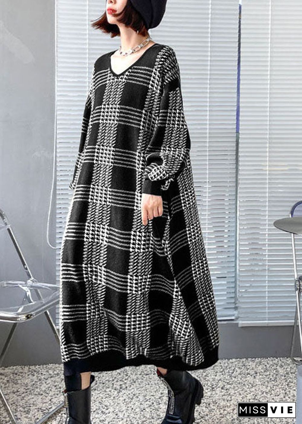 Women White Plaid Casual Fall Knitted Dress