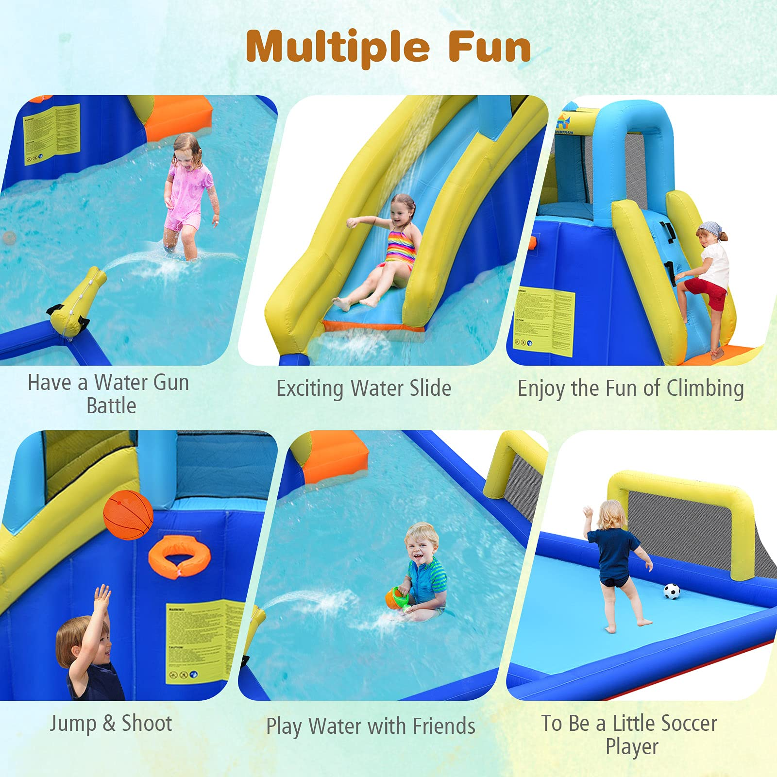 BOUNTECH Inflatable Water Park | 6-in-1 Bounce Pool Slide w/ Curved Slide