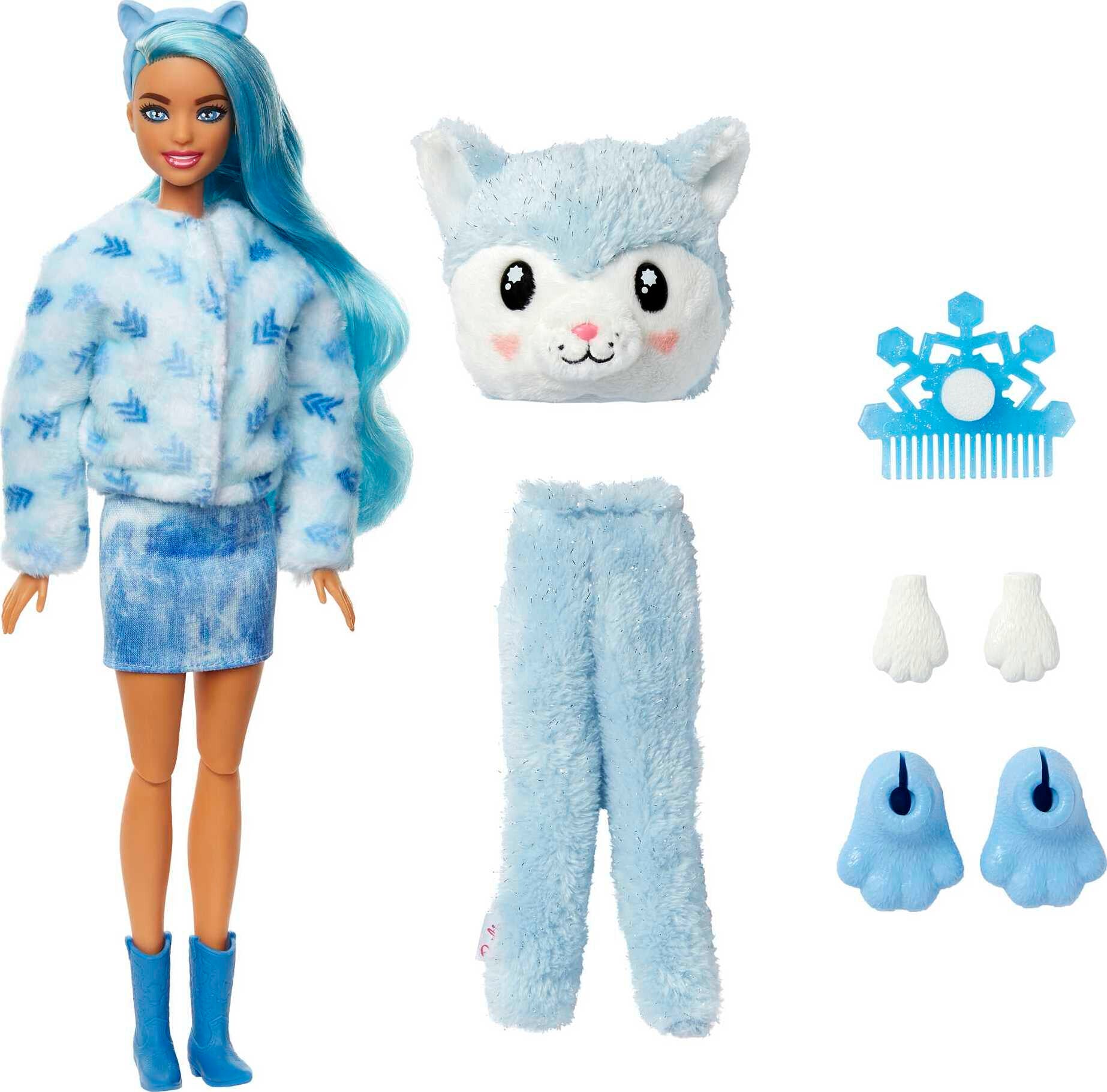Barbie Cutie Reveal Snowflake Sparkle Fashion Doll with Husky Plush Costume, Mini Pet and Accessories
