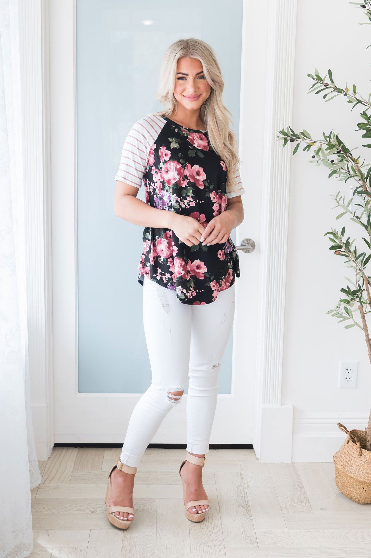 Floral & Stripes Baseball Sleeve Top