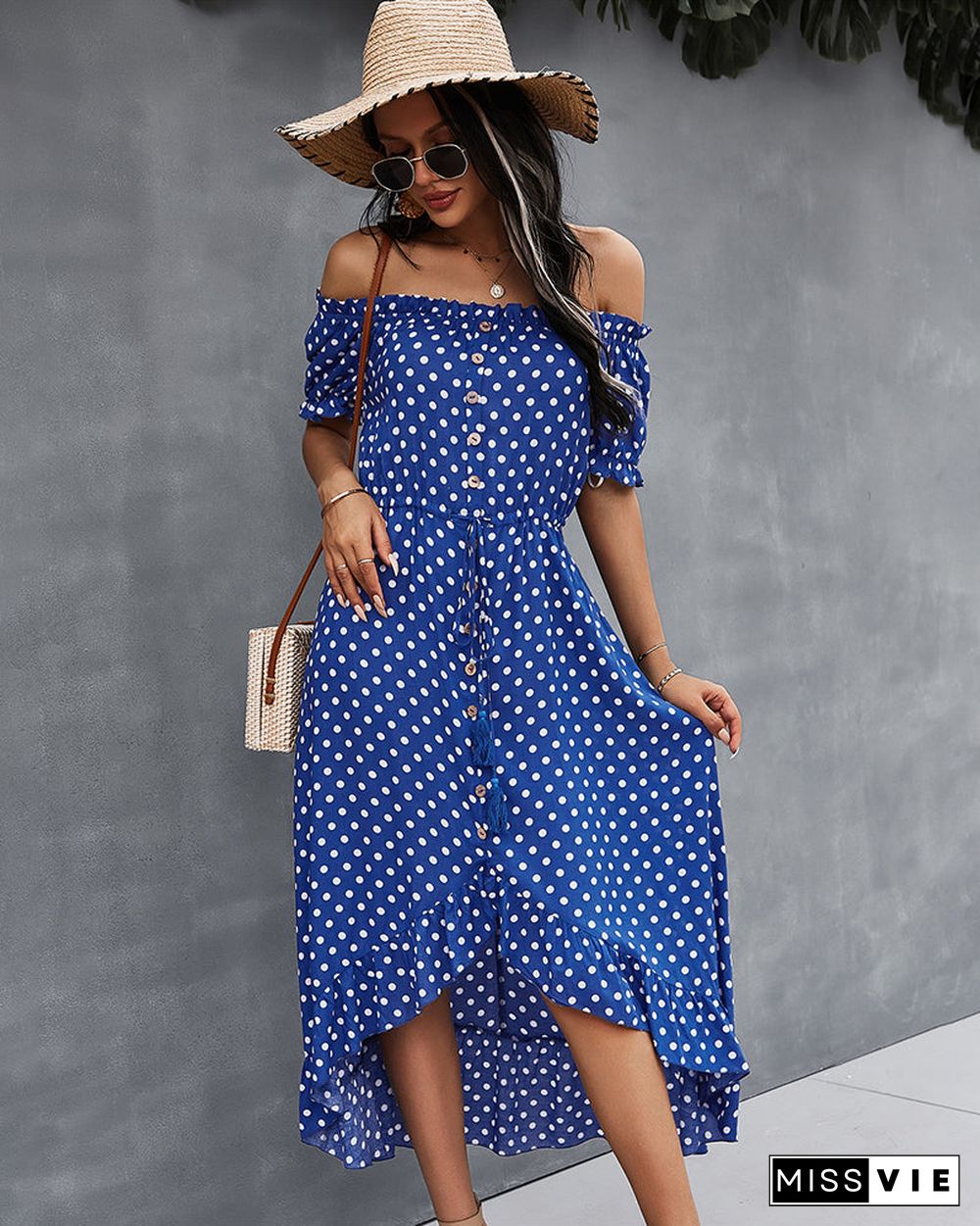 Off Shoulder Polka Dot Button Down Maxi Dress