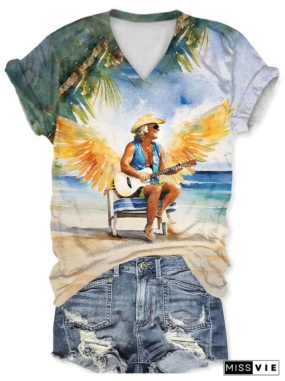 V-neck Watercolor Print T-Shirt