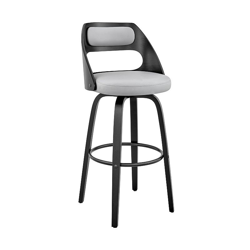 26 Inch Leatherette Barstool with Cut Out Back， Gray and Black