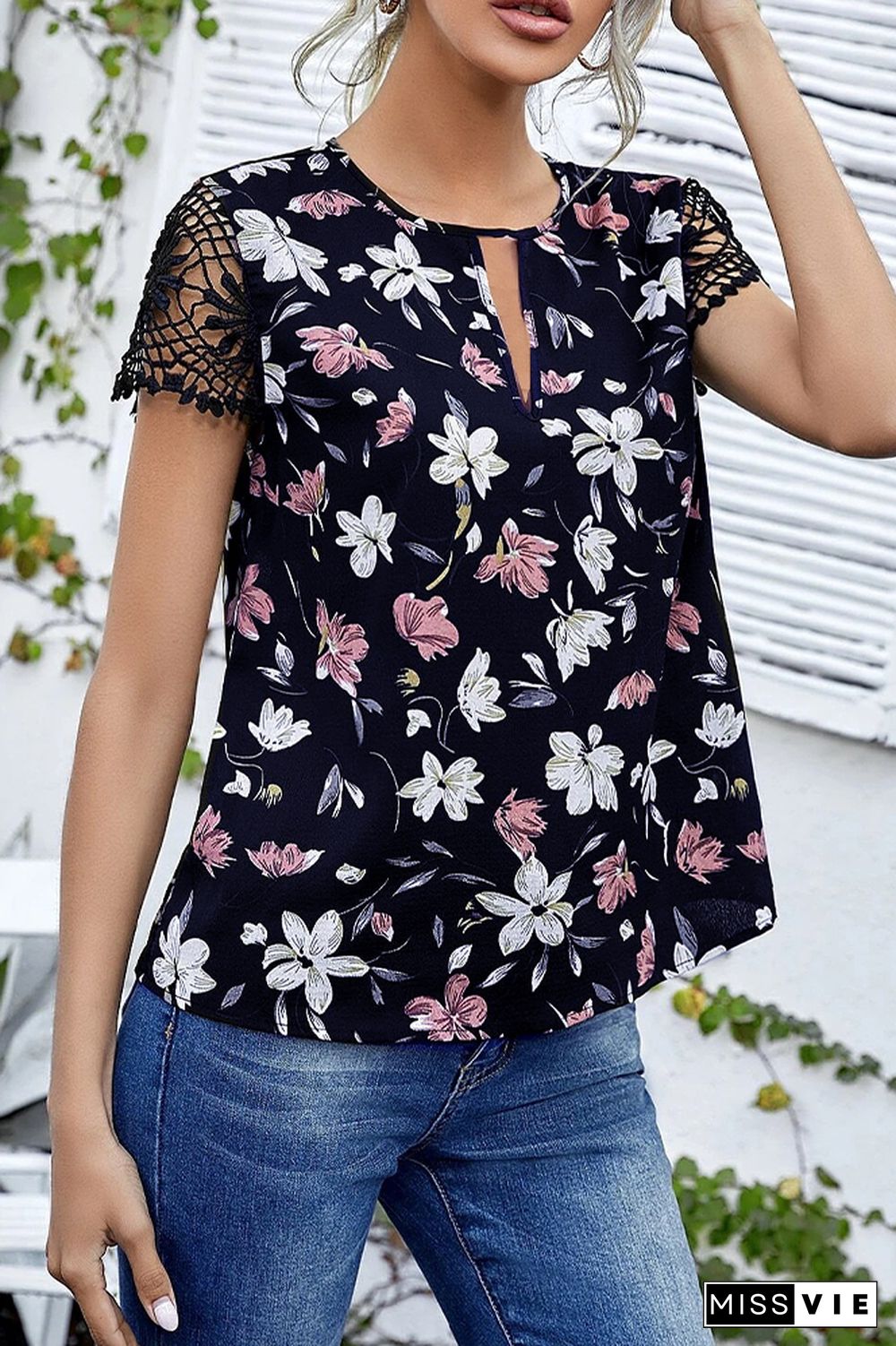 Lace Short-sleeved Floral Printe Top Wholesale