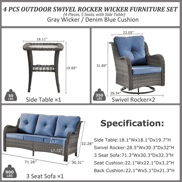 Rattan Wicker Patio Furniture Conversation Seating with 360° High Back Swivel Chairs+Storage Ottomans，Bule Cushions Included🎁