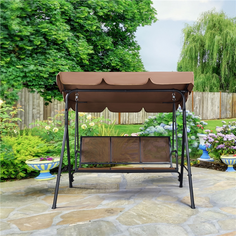 Topeakmart 3-Seat Outdoor Patio Metal Frame Swing Chair with Texteline Fabric Seats/Adjustable Canopy/Armrests Dark Brown