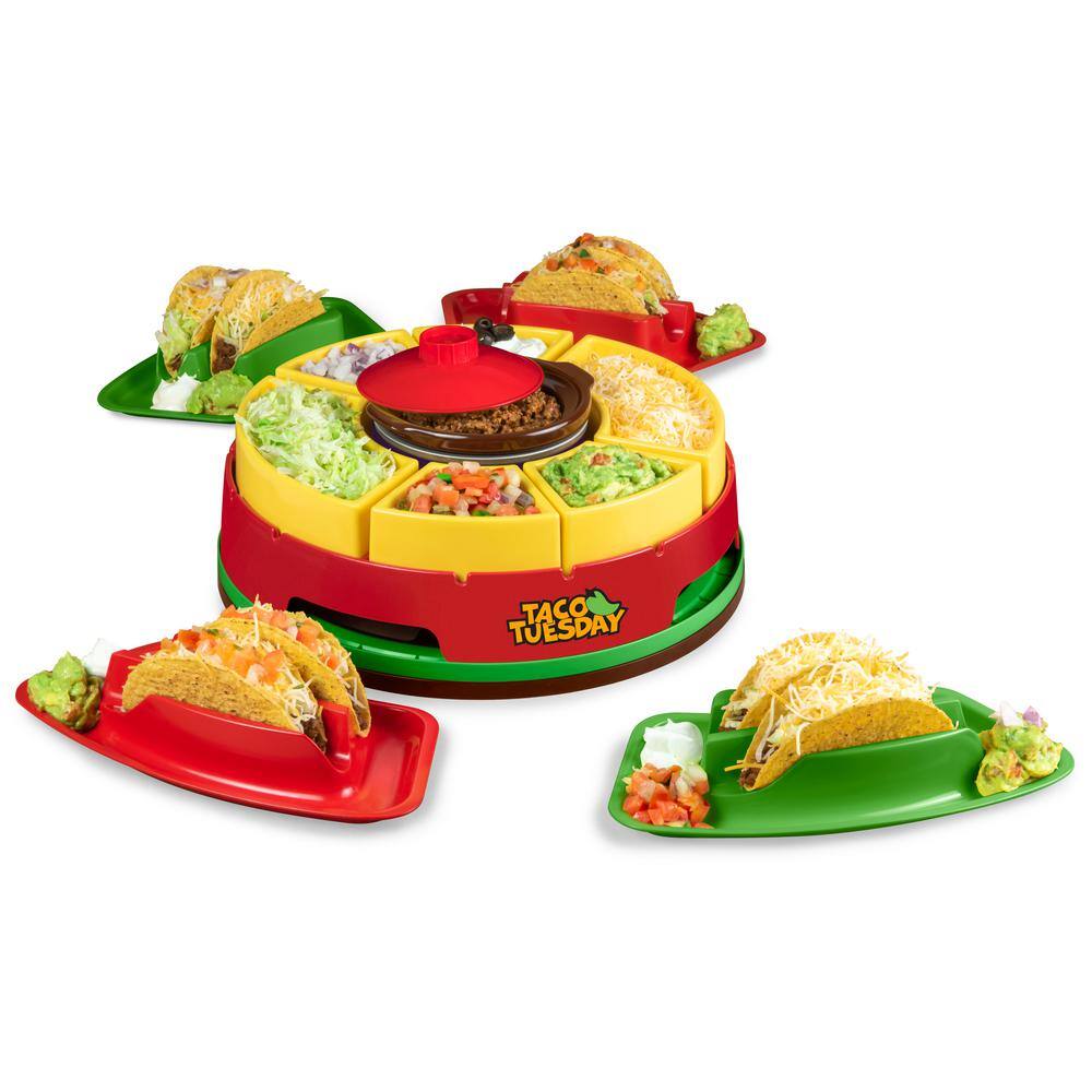 TACO TUESDAY Taco Tuesday Red Heated Lazy Susan Toppings Bar 20-Oz. Warming Pot With 4 Tortilla Holders TTLSTB10