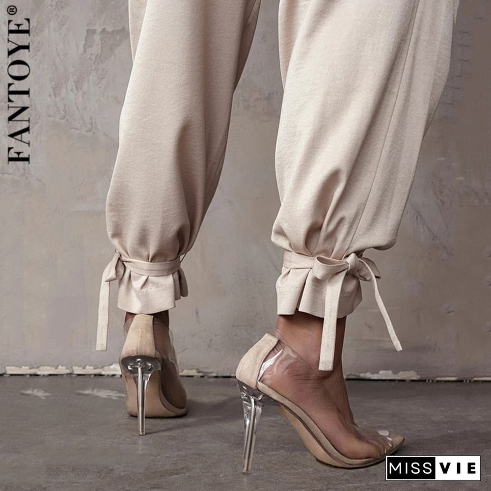 Fantoye Satin Lace Up High Waist Harem Pants Zipper Women Autumn Pleated Loose Pockets Long Trousers Casual Office Ladies Pant