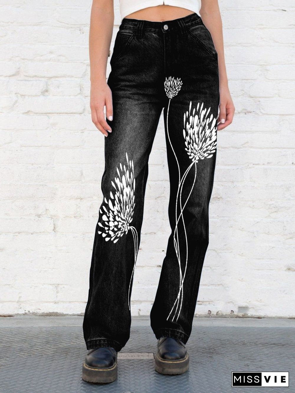 Retro Leisure Plants Print Jeans