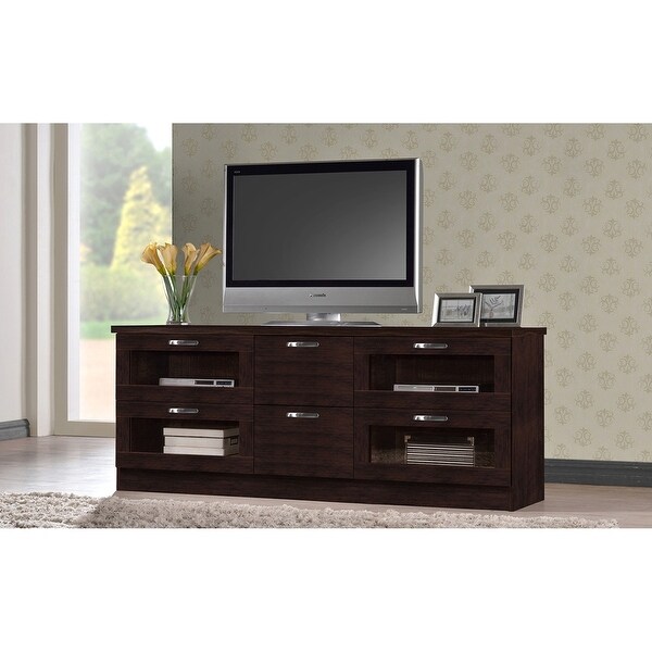 Adelino 63 Inches Dark Brown Wood TV Cabinet with 4 Glass Doors and 2 Drawers