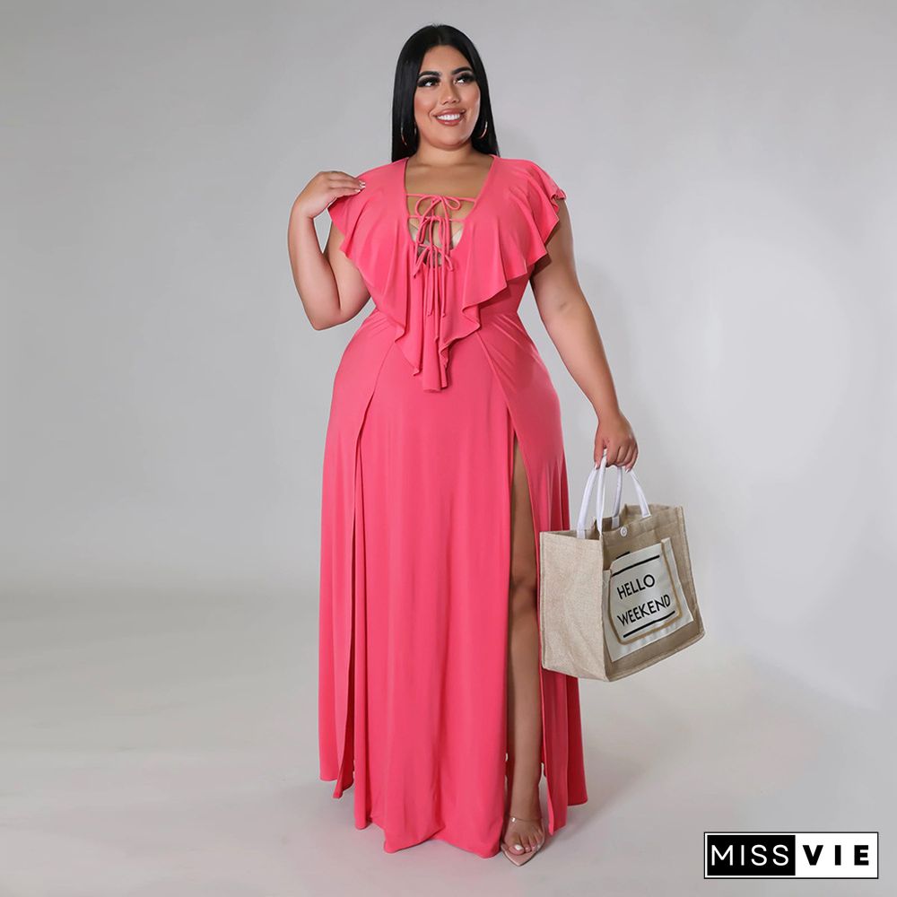 V Neck Sleeveless High Split Plus Size Dresses