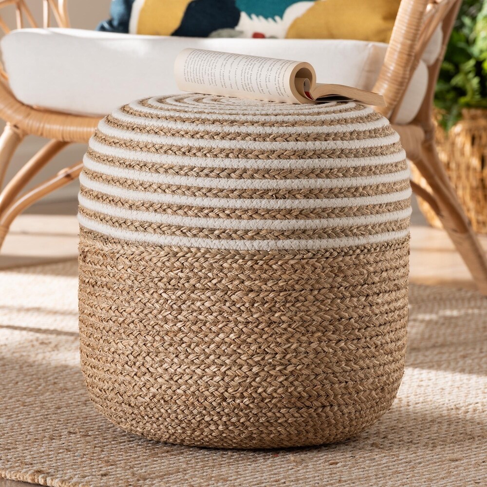 Nequiel Modern Bohemian Natural Brown Seagrass and Woven Rope Ottoman Footstool