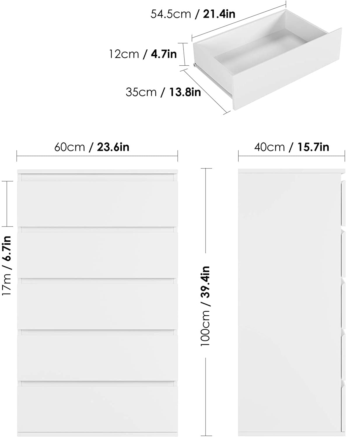 Homfa 5 Drawer White Dresser, Modern Storage Cabinet for Bedroom, White Chest of Drawers Wood Organizer for Living Room