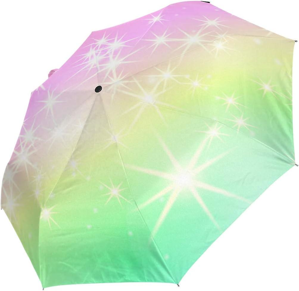 Travel Umbrella Automatic Windproof Foldable Umbrella Glitter Print Rainbow Background