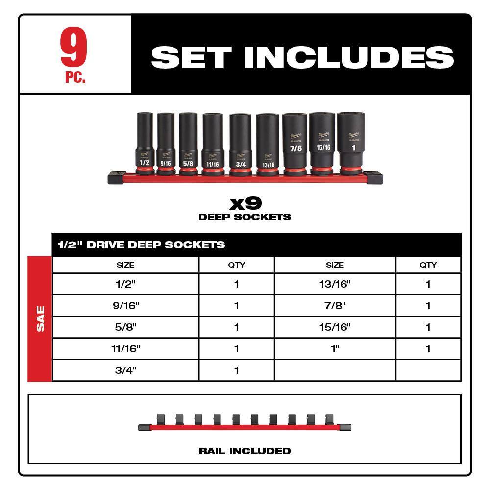 MW M18 FUEL 18V Lithium-Ion Brushless Cordless 12 in. Impact Wrench with SAE Deep Well Impact Socket Set (9-Piece) 2767-20-49-66-7022