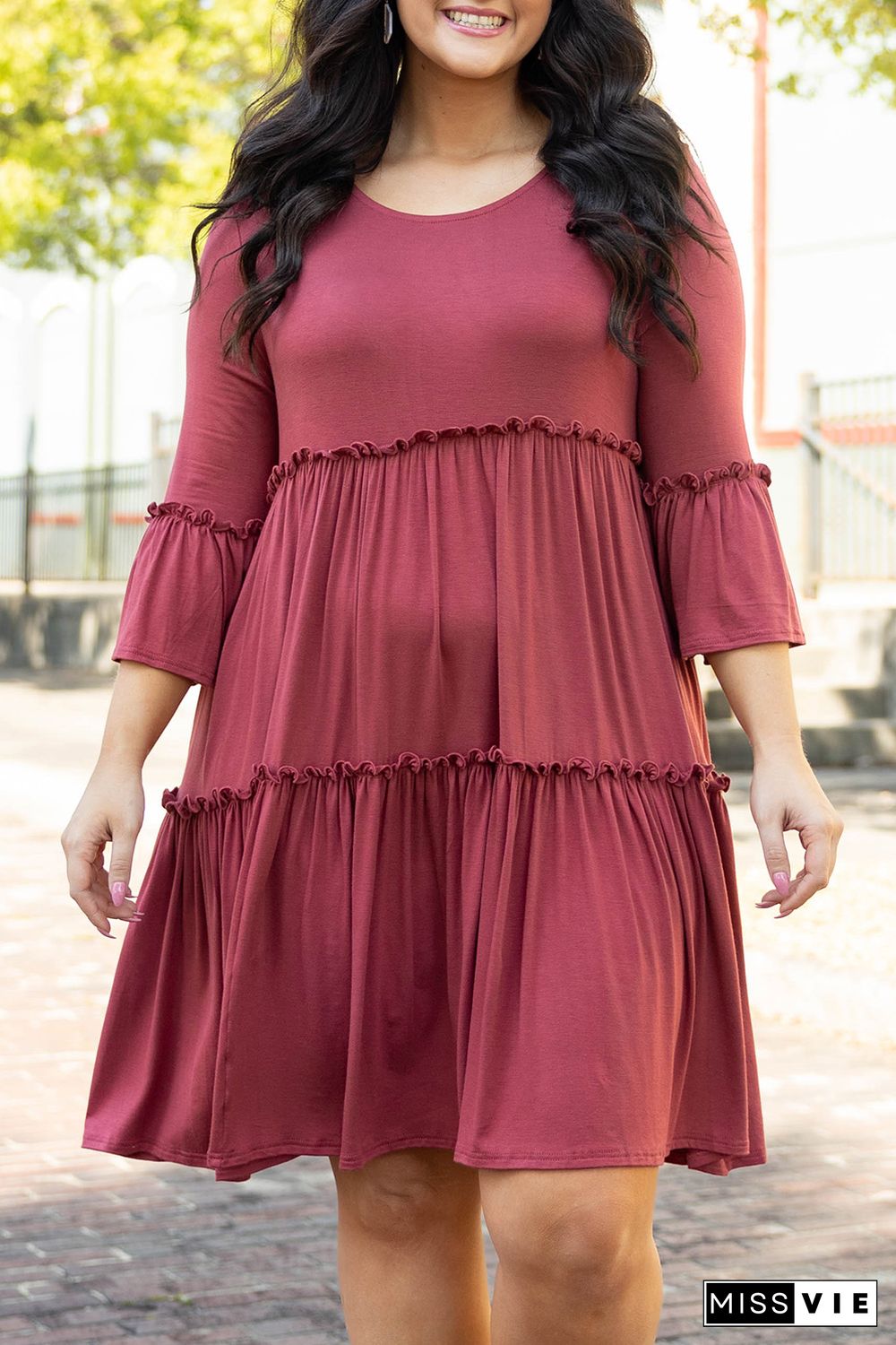 Red Tiered Ruffled 3/4 Sleeve Plus Size Dress