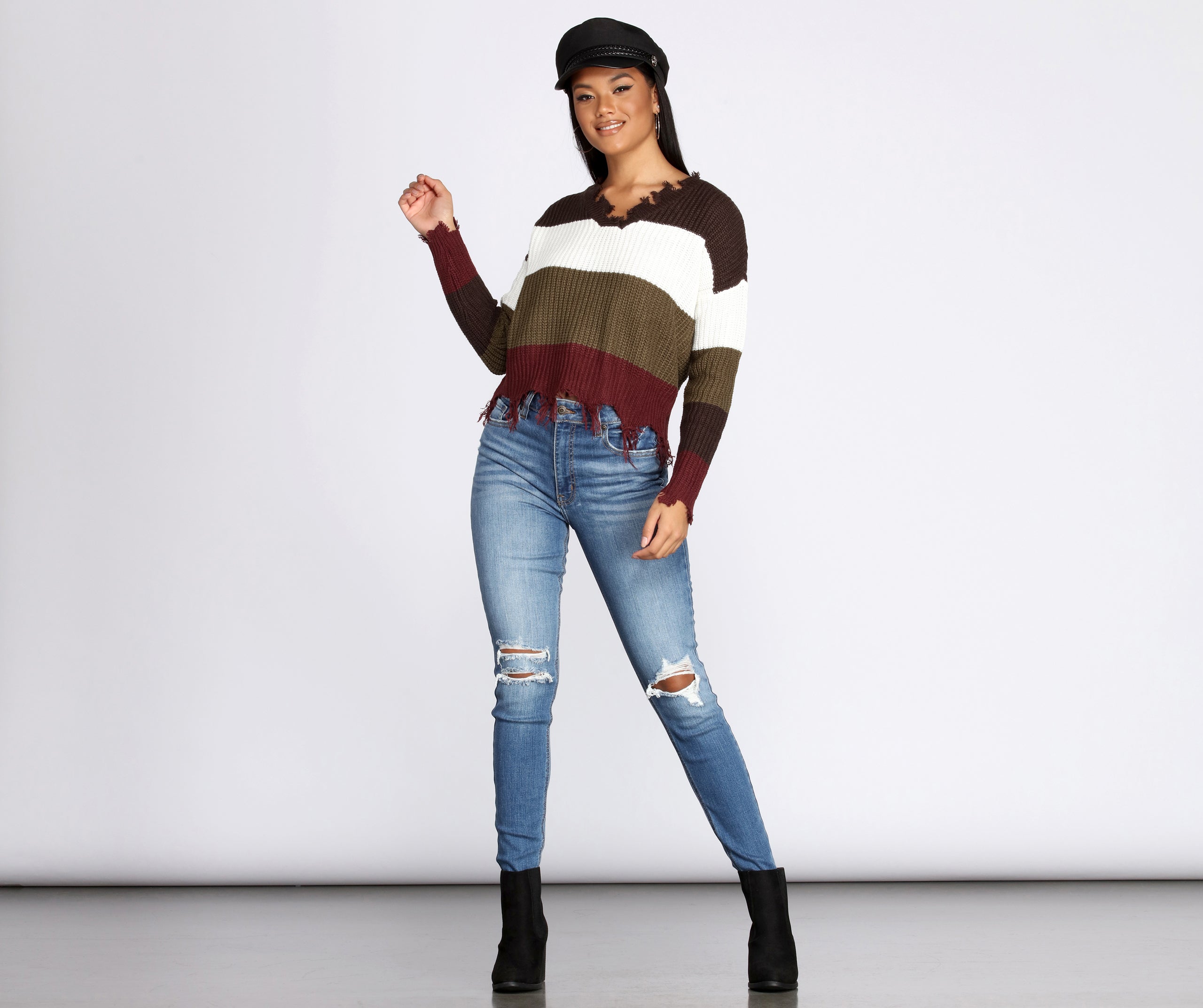 Tattered Color-Block Pullover