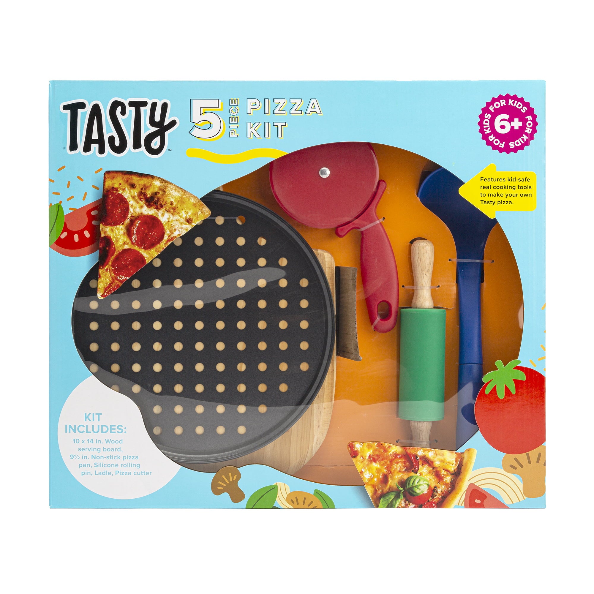 Tasty Kits Pizza Gadget Set, Includes Non-Stick Pizza Pan, Wood Serving Board, and Real Kid-Safe Cooking Tools, Multi-color, 5 Piece