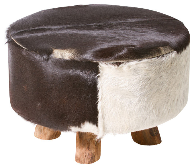 Bare Decor Cassidy Round Leather  Genuine Hide Ottoman in Black and White   Southwestern   Footstools And Ottomans   by CozyStreet  Houzz