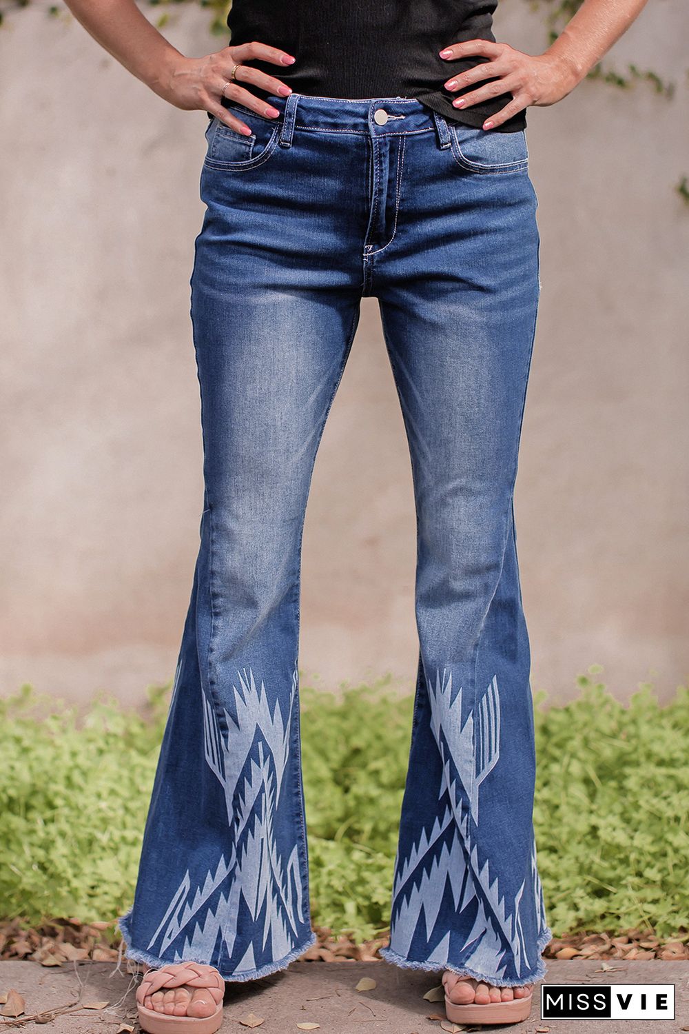 Blue Western Pattern High Rise Flare Jeans