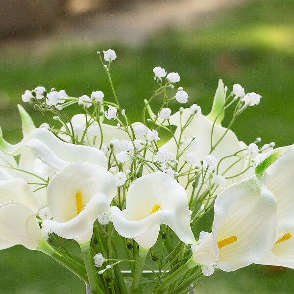 Enova Home Mixed Artificial Real Touch Lily and Baby Breath Flower Arrangement in Clear Glass Vase with Faux Water