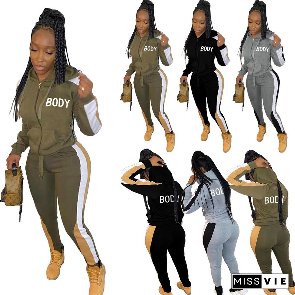 Lettered Hooded Zipper Jacket Sweatpants 2 Pieces Set