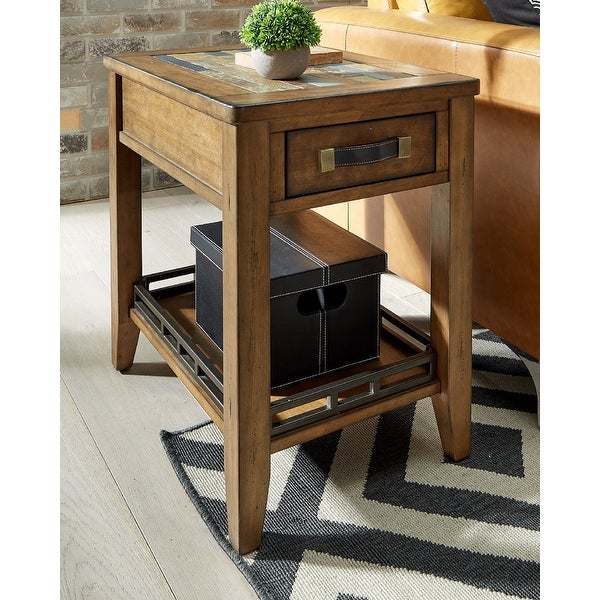 Toasted Almond Distressed Rectangular End Table with Tile Inset