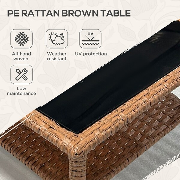 Rattan Side Table，Outdoor End Table with Storage Shelf，Aluminum Frame Square，Coffee Table with Tempered Glass Top