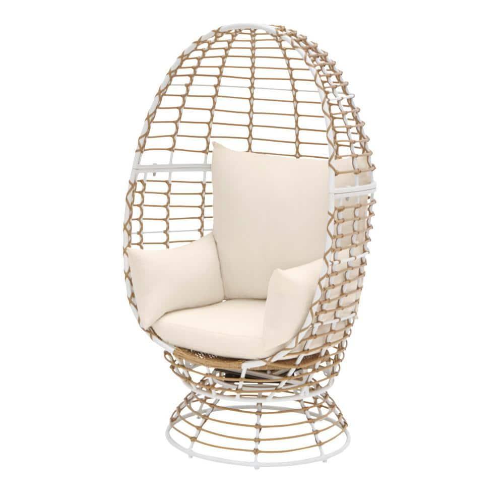 StyleWell Brown Wicker Outdoor Patio Egg Lounge Chair with Beige Cushions FRS50006B