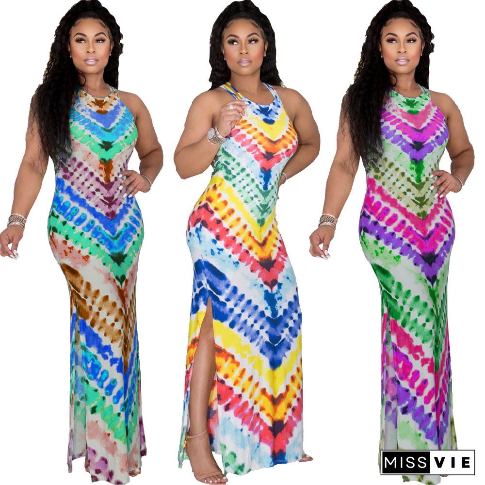 Casual Women Summer Tie-dye Print Sleeveless O Neck Side Slit A Line Beach Party Maxi Dress