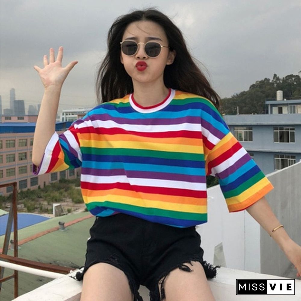 T Shirt Women Rainbow Striped Tops Harajuku Tshirt Summer Short Sleeve T-shirt Camiseta Feminina