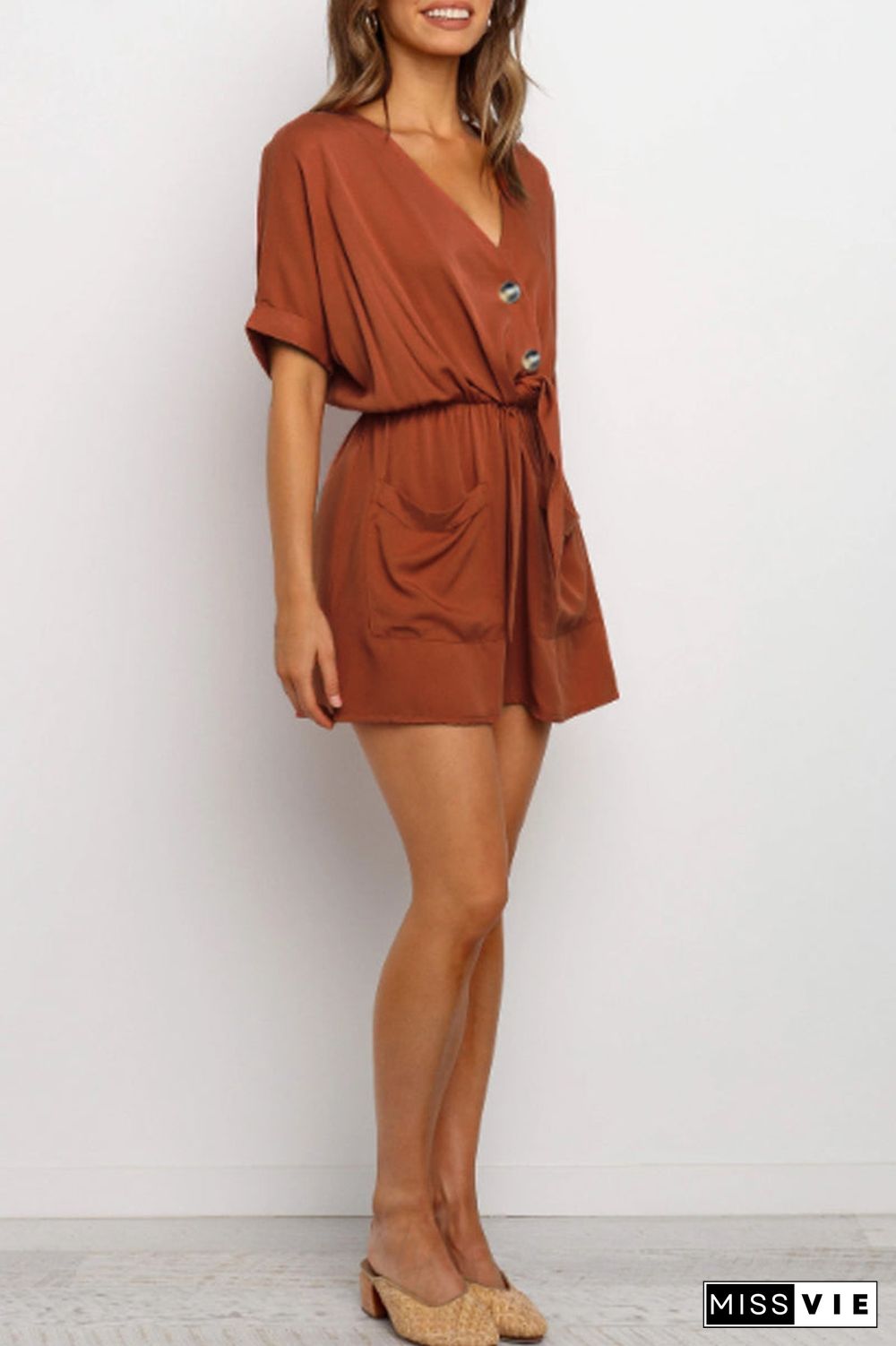 Solid Color Tie Up Pocket Romper