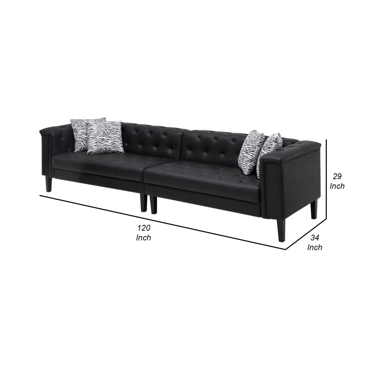 Ella 120 In. 4 Seater Sofa, Deep Button Tufted, Black Vegan Faux Leather- Saltoro Sherpi