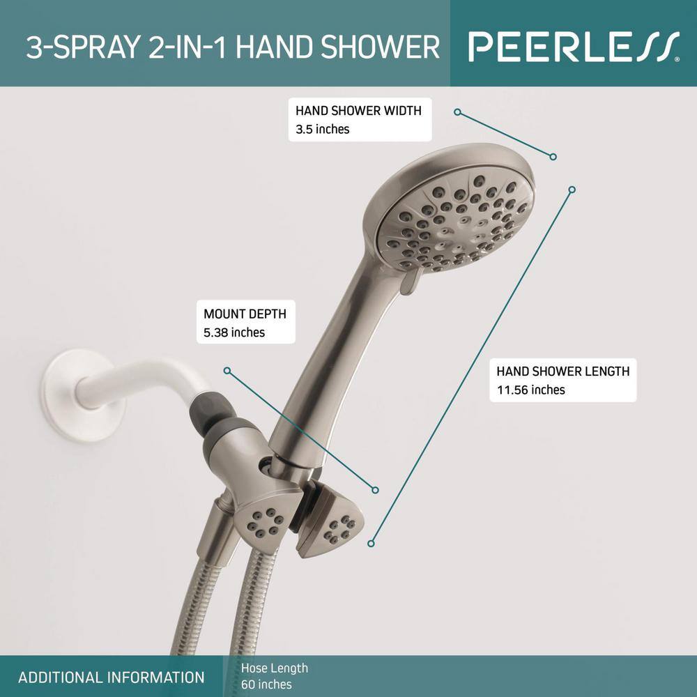 Peerless 3-Spray Patterns 1.75 GPM 3.5 in. Wall Mount Handheld Shower Head in Brushed Nickel 76341SN