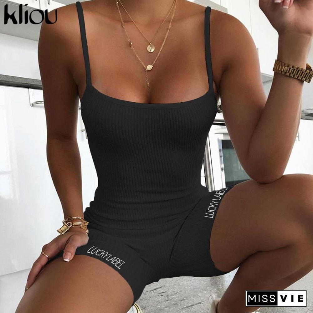 Kliou Suspenders Rompers Women Summer Playsuit Slash Neck Letters Embroidery Elastic Streetwear Ribbed Sleeveless Slim