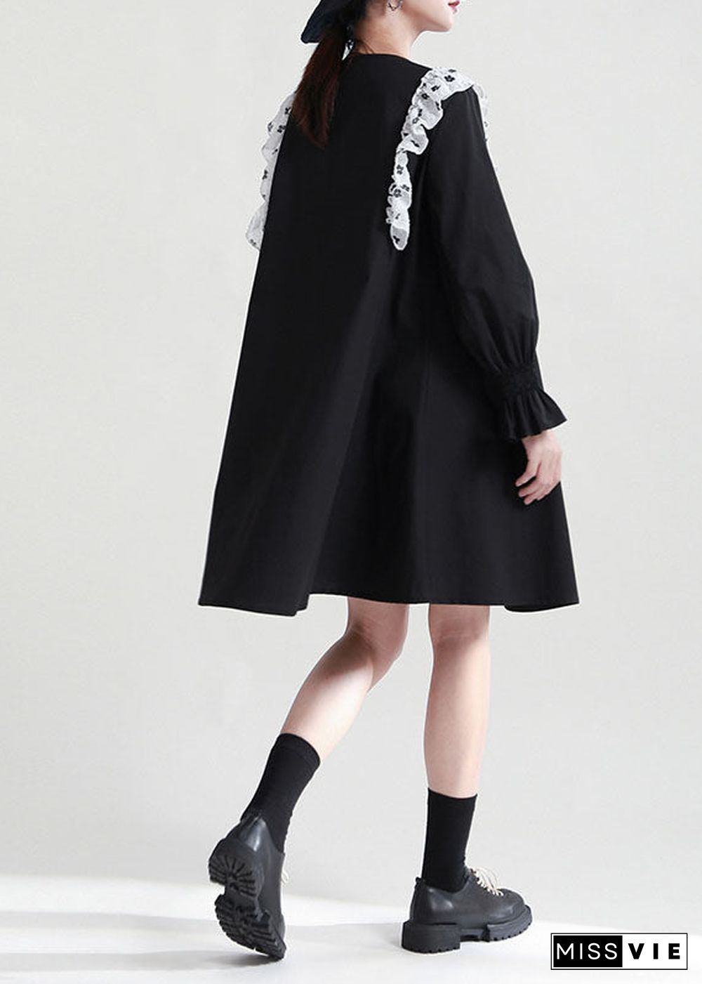 Italian Black Ruffled Patchwork Cotton Shirt Dresses Fall