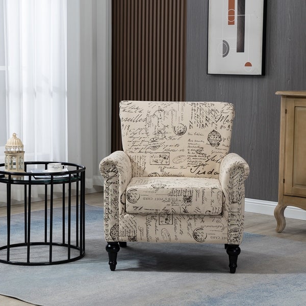 Floral Pattern Mid-Century Modern Accent Chair， Linen Armchair