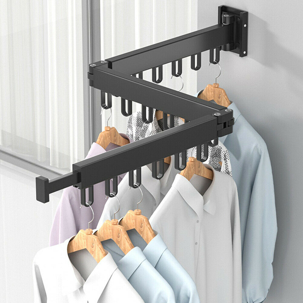 OUKANING Wall Mounted Folding Clothes Hanger Tri-fold Drying Rack 360 Degrees Rotating Shaft Retractable Clothes Hanger