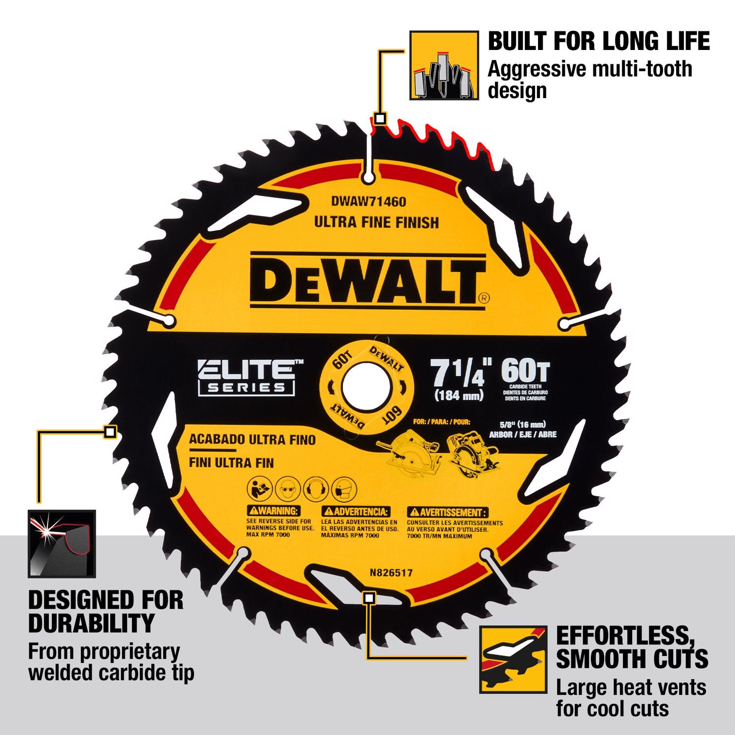 DW Elite 7-1/4 in. D X 5/8 in. Tungsten Carbide Tipped Circular Saw Blade 60 teeth 1 pk