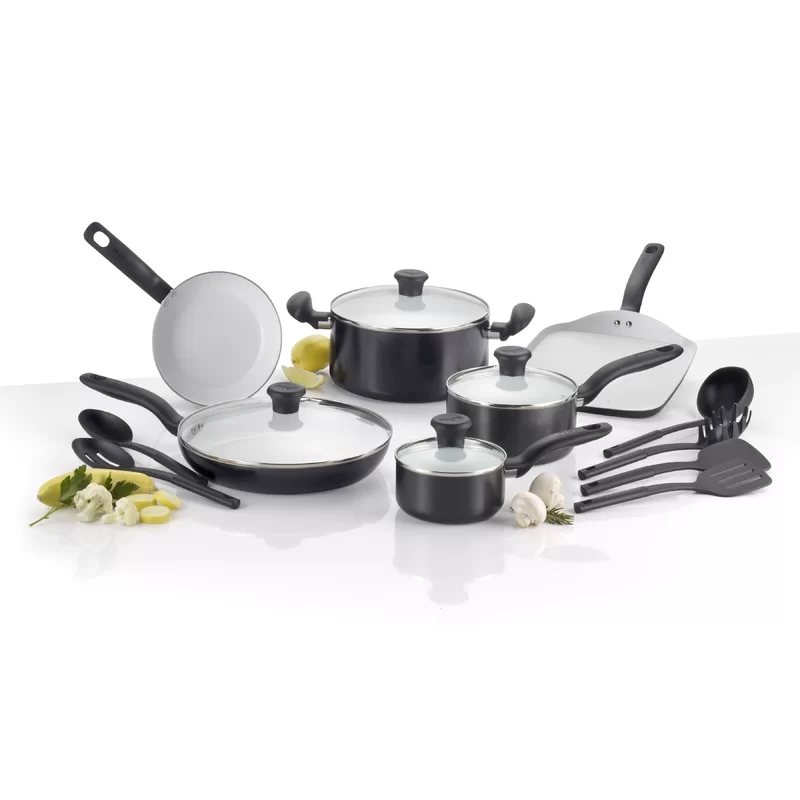 T-fal Initiatives Nonstick Aluminum Cookware Set and Cooking Utensils， 16 piece