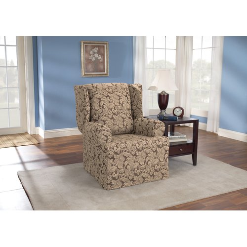 Sure Fit Scroll Brown Wing Chair Slipcover